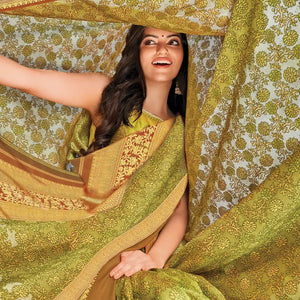 Green Ethreal Fusion Handloom Natural Dyed Lino Varna Silk Saree-Green