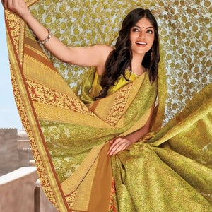 Green Ethreal Fusion Handloom Natural Dyed Lino Varna Silk Saree-Green