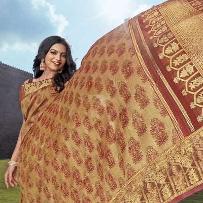 Peach Taj Luminous Handloom Natural Dyed Lino Varna Silk Saree -Peach