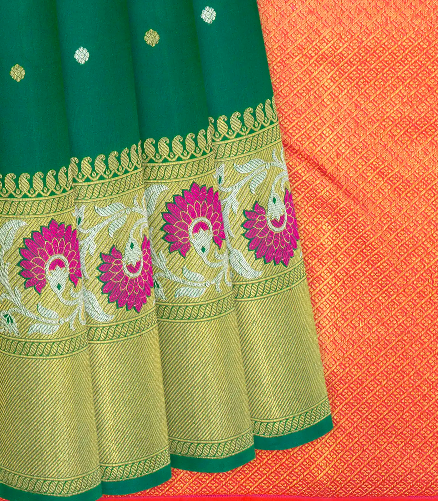 Sea Green Handloom Kanchipuram Silk Saree With Floral Motifs-Sea Green