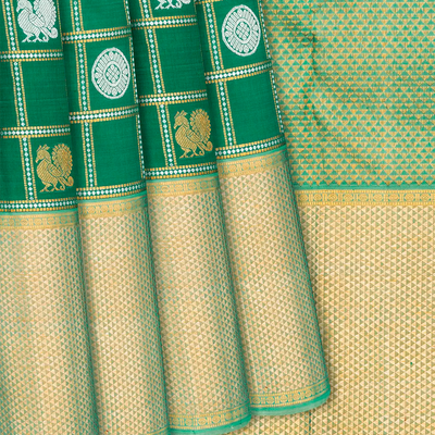 Green Handloom Kanchipuram Silk Saree With Annam Chakaram Motifs-Green