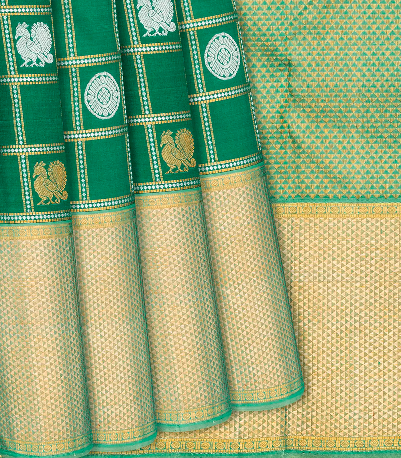 Green Handloom Kanchipuram Silk Saree With Annam Chakaram Motifs-Green