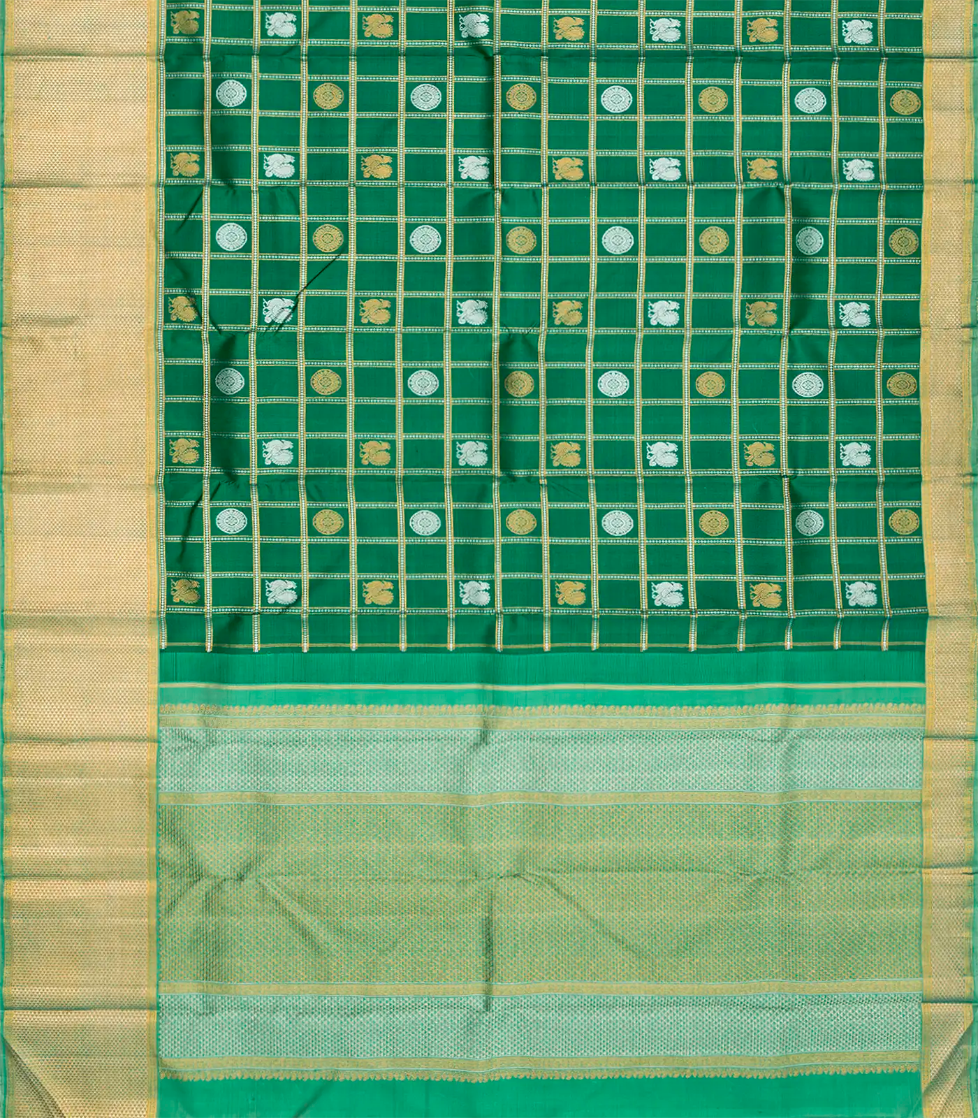 Green Handloom Kanchipuram Silk Saree With Annam Chakaram Motifs-Green