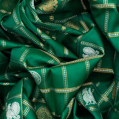 Green Handloom Kanchipuram Silk Saree With Annam Chakaram Motifs-Green