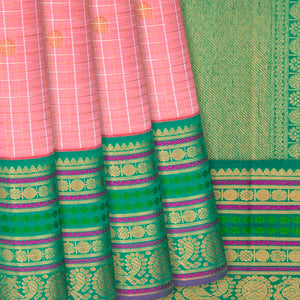 Baby Pink Handloom Kanchipuram Korvai Silk Saree With Checks-Baby Pink
