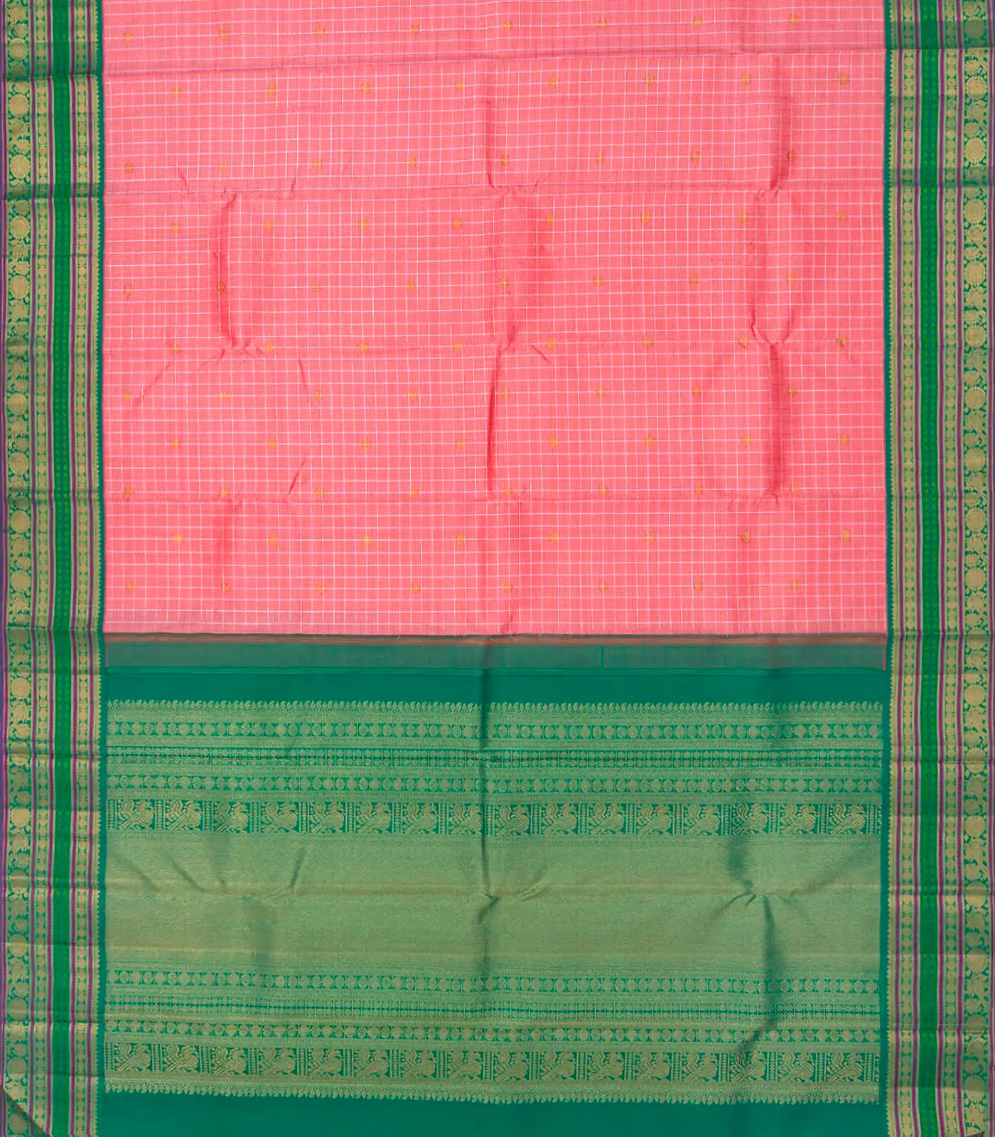 Baby Pink Handloom Kanchipuram Korvai Silk Saree With Checks-Baby Pink