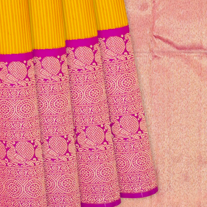 Yellow Handloom Kanchipuram Korvai Silk Saree With Stripes-Yellow
