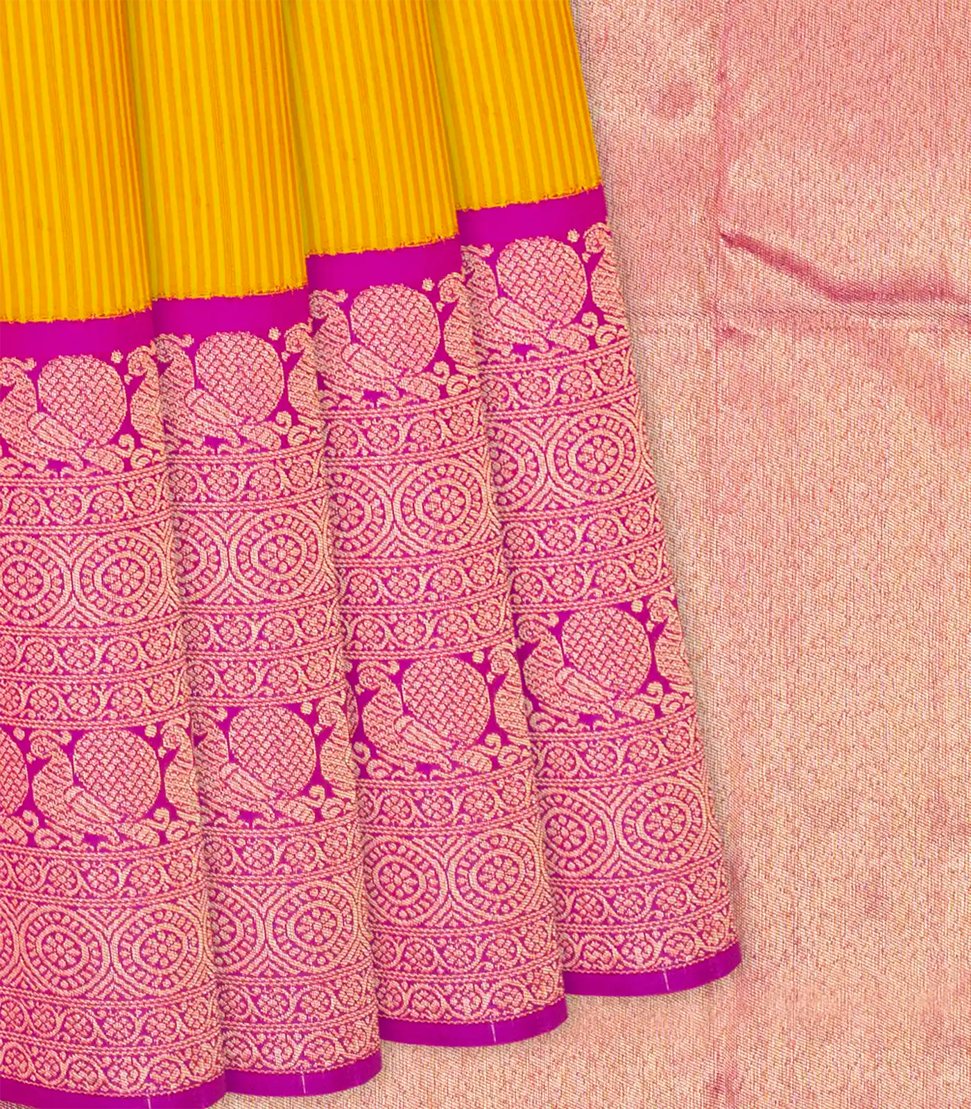 Yellow Handloom Kanchipuram Korvai Silk Saree With Stripes-Yellow