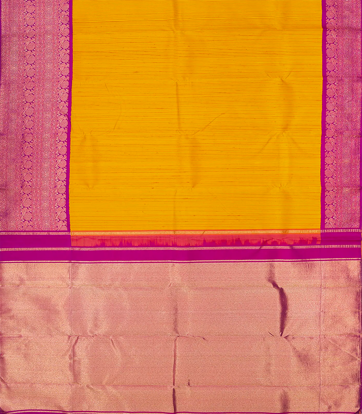 Yellow Handloom Kanchipuram Korvai Silk Saree With Stripes-Yellow