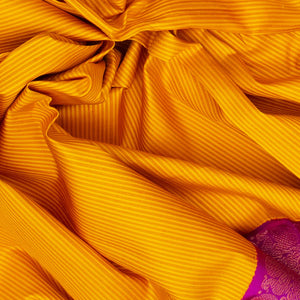 Yellow Handloom Kanchipuram Korvai Silk Saree With Stripes-Yellow