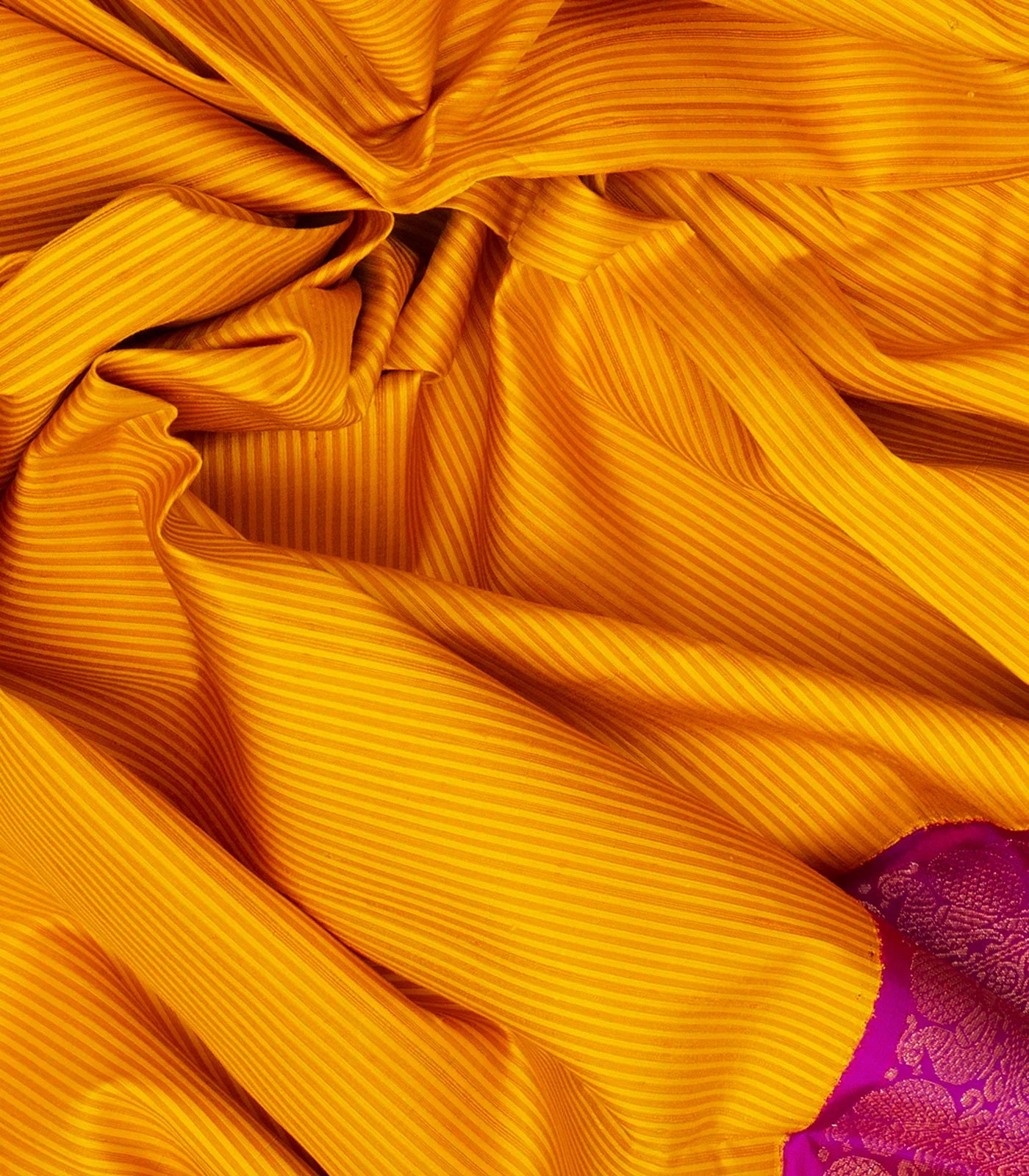 Yellow Handloom Kanchipuram Korvai Silk Saree With Stripes-Yellow