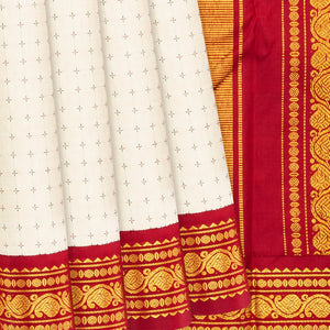 White Handloom Kanchipuram Korvai Silk Saree With Crimson Border-White