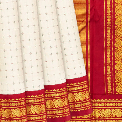 White Handloom Kanchipuram Korvai Silk Saree With Crimson Border-White