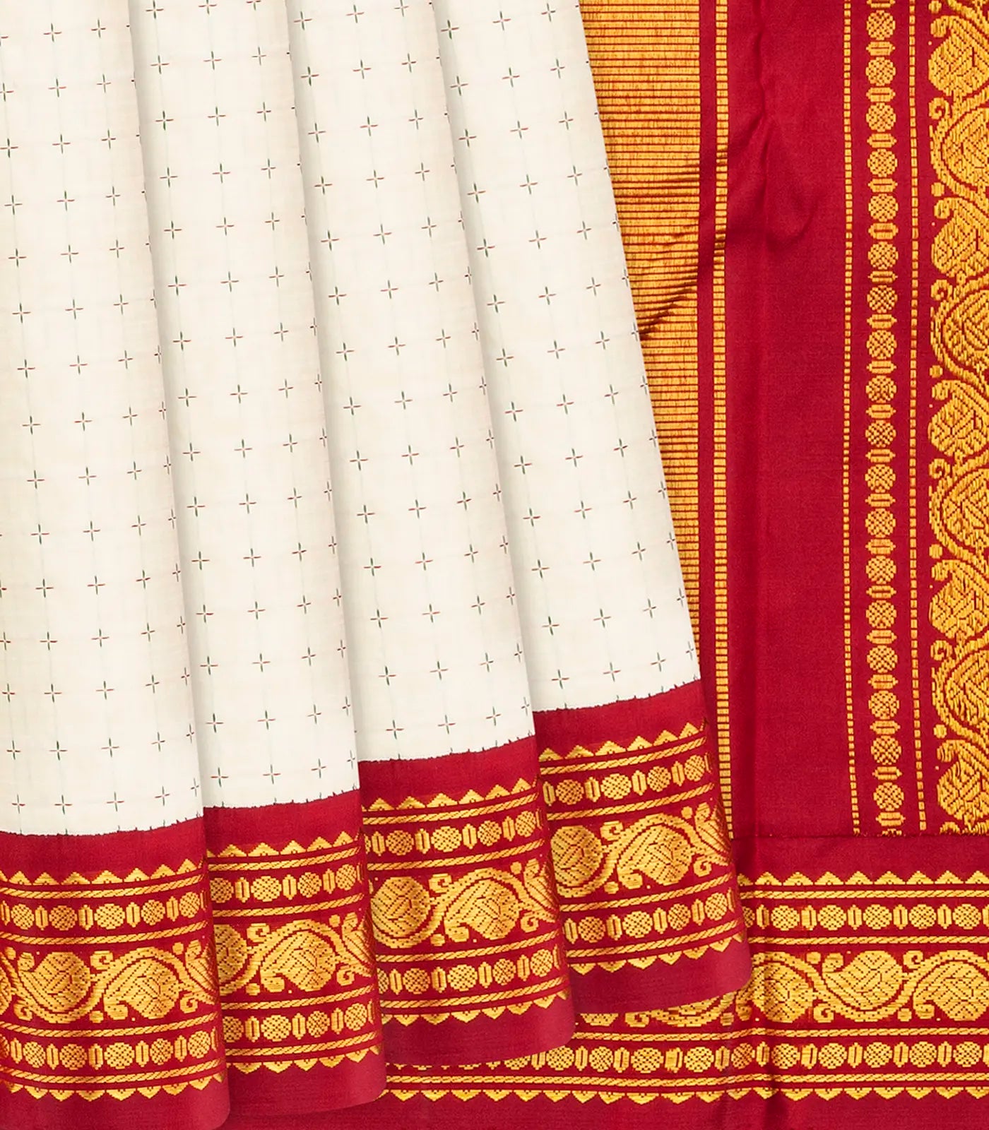 White Handloom Kanchipuram Korvai Silk Saree With Crimson Border-White