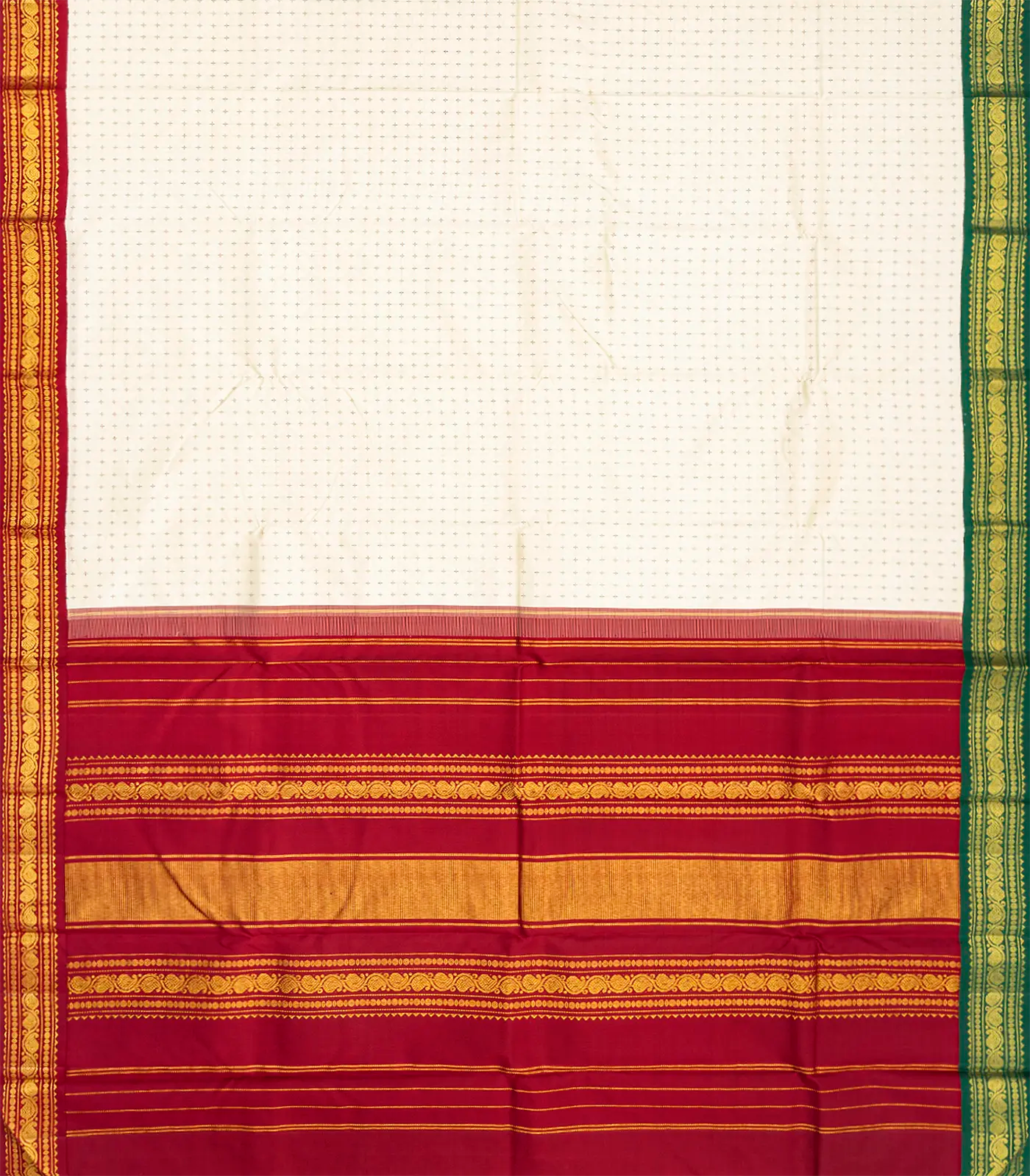 White Handloom Kanchipuram Korvai Silk Saree With Crimson Border-White