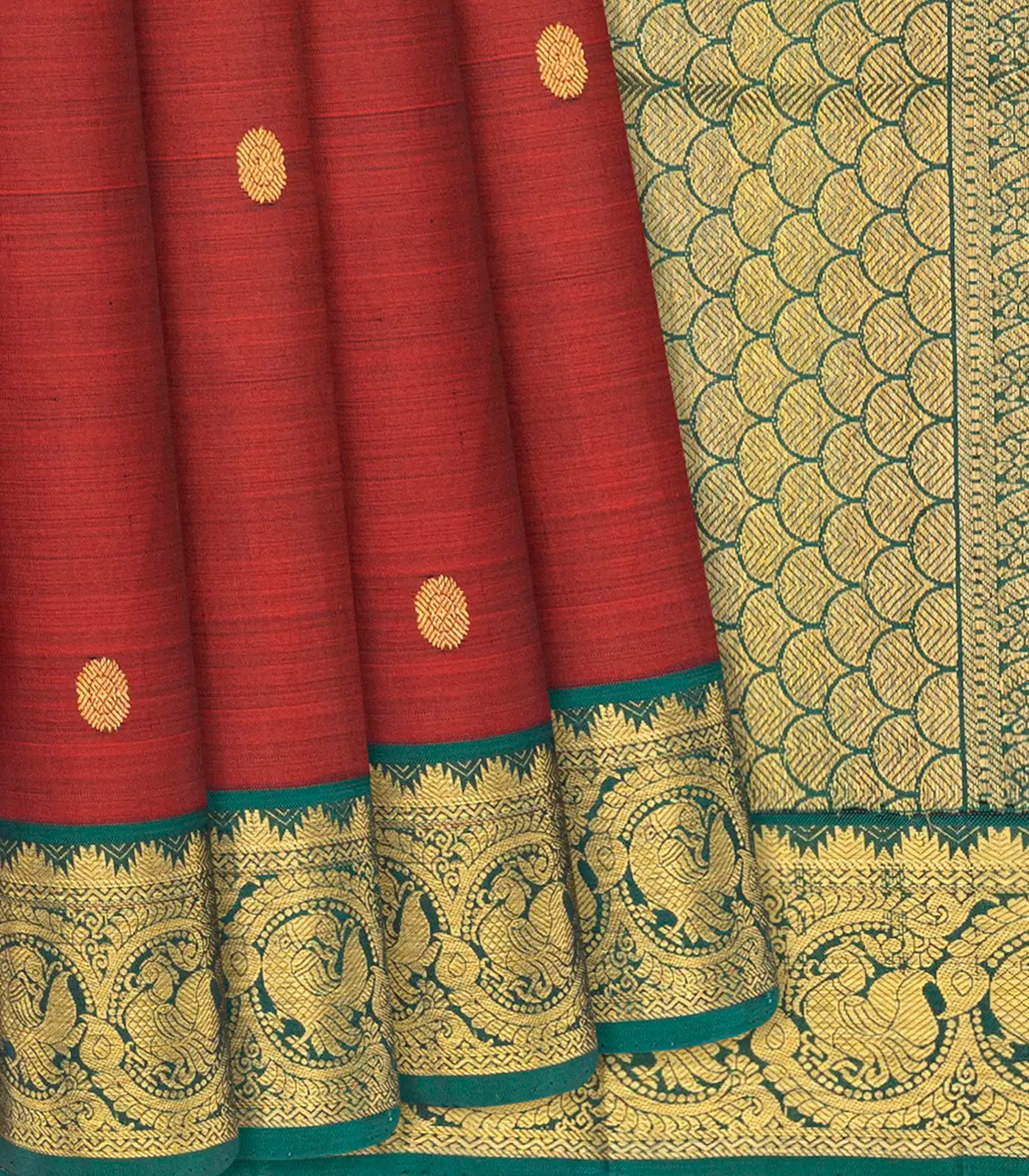 Crimson Handloom Kanchipuram Korvai Silk Saree With Buttas-Crimson