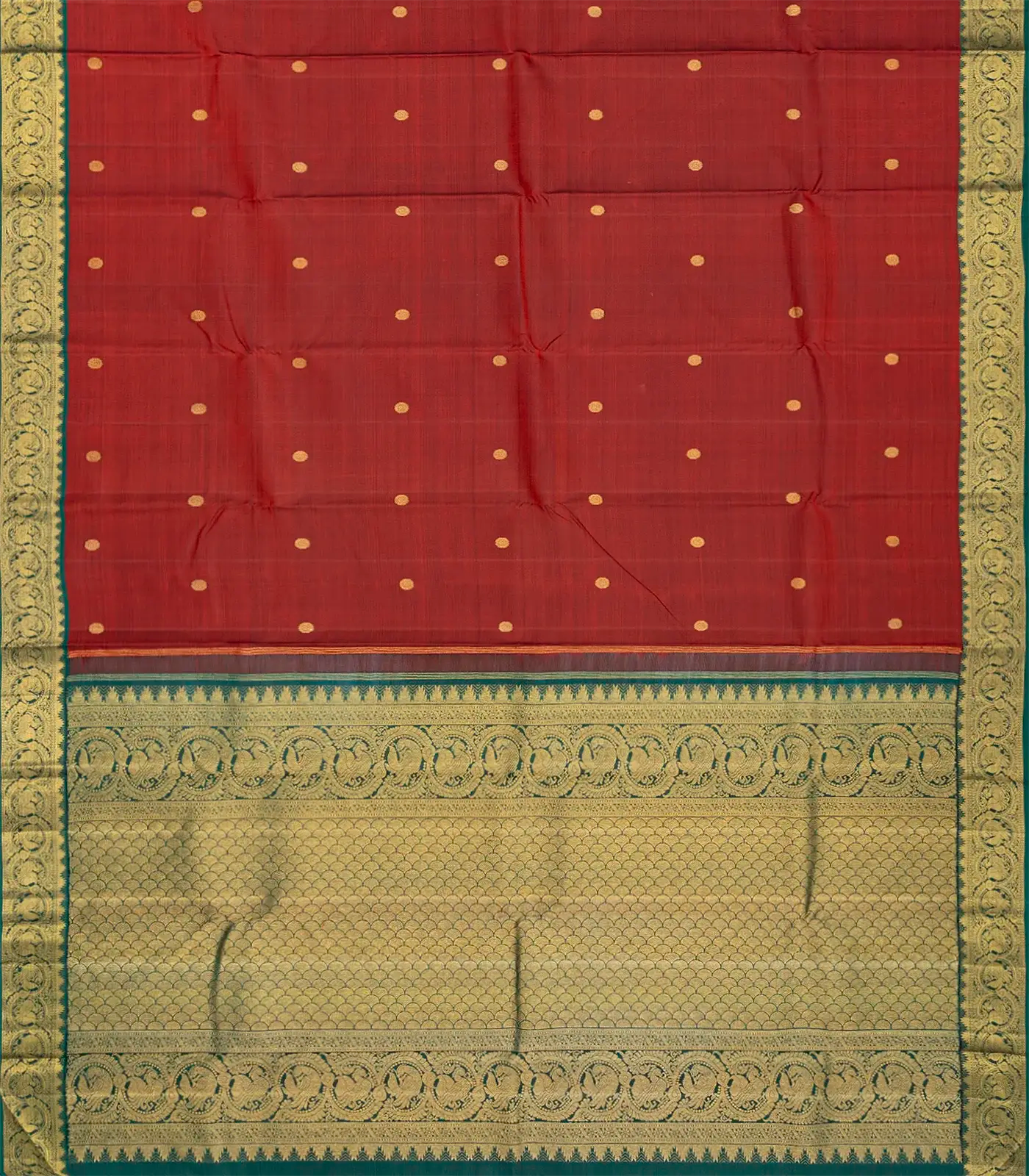Crimson Handloom Kanchipuram Korvai Silk Saree With Buttas-Crimson