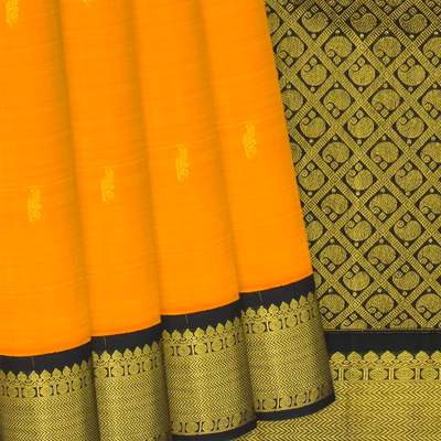 Mango Yellow Handloom Kanchipuram Korvai Silk Saree With Floral Buttas-Mango Yellow