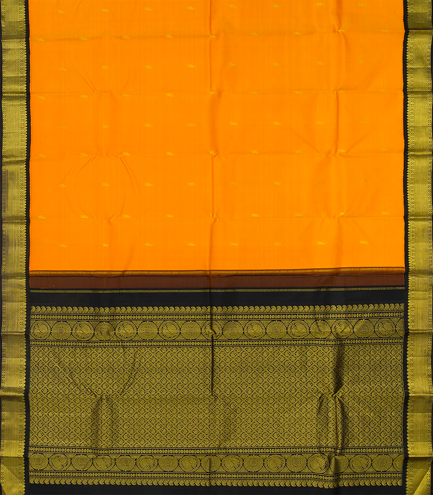 Mango Yellow Handloom Kanchipuram Korvai Silk Saree With Floral Buttas-Mango Yellow