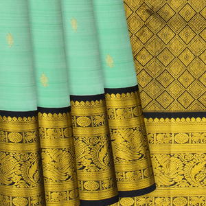 Aquamarine Handloom Kanchipuram Korvai Silk Saree With Floral Buttas-Aquamarine