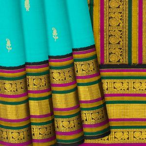 Turquoise Handloom Kanchipuram Korvai Silk Saree With Mango Buttas-Turquoise