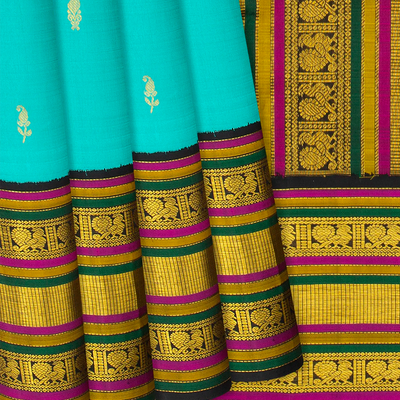 Turquoise Handloom Kanchipuram Korvai Silk Saree With Mango Buttas-Turquoise
