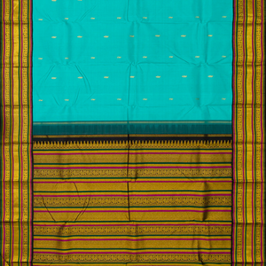 Turquoise Handloom Kanchipuram Korvai Silk Saree With Mango Buttas-Turquoise