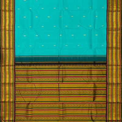 Turquoise Handloom Kanchipuram Korvai Silk Saree With Mango Buttas-Turquoise