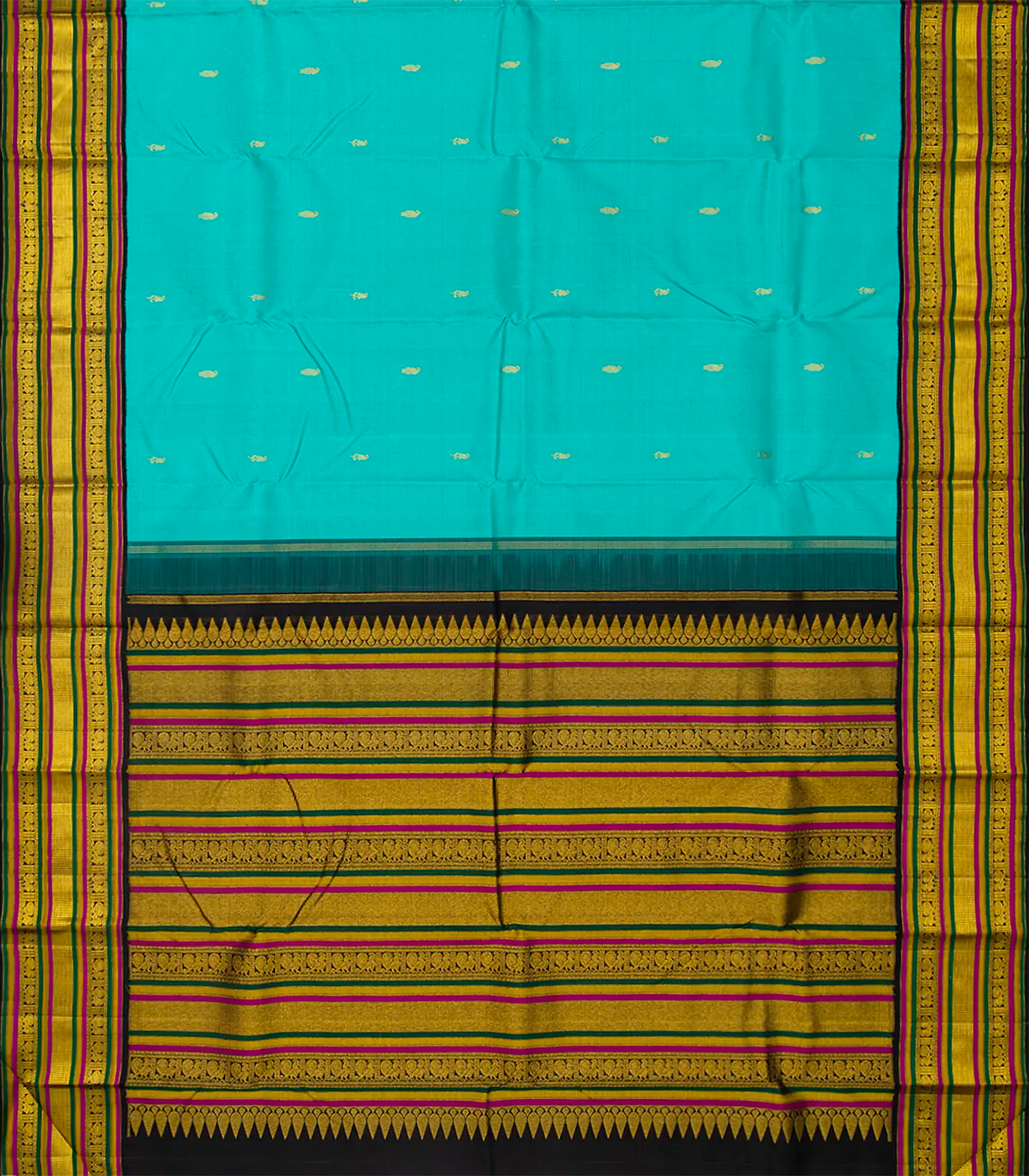 Turquoise Handloom Kanchipuram Korvai Silk Saree With Mango Buttas-Turquoise