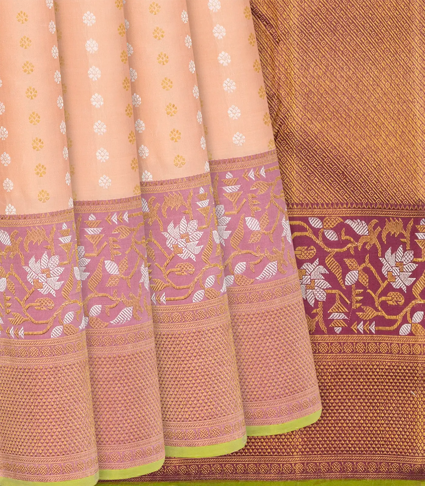 Light Peach Handwoven Kanchipuram Silk Saree With Floral Motifs-Light Peach