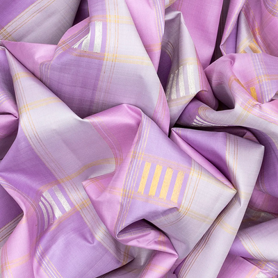 Lavender Handwoven Kanchipuram Silk Saree With Checks-Lavander