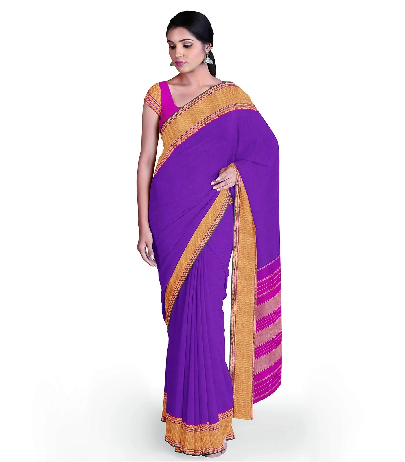 Purple Handloom Kanchipuram Silk Saree With Checks-Purple