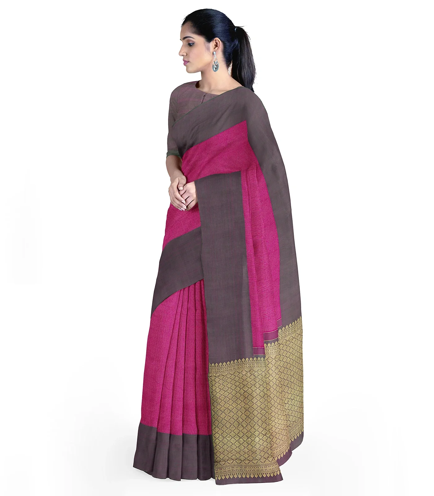 Pink Handloom Kanchipuram Silk Saree With Dotted Checks-Pink