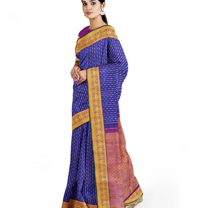 Blue Handloom Kanchipuram Silk Saree With Mango Motifs-Blue
