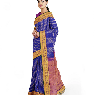Blue Handloom Kanchipuram Silk Saree With Mango Motifs-Blue