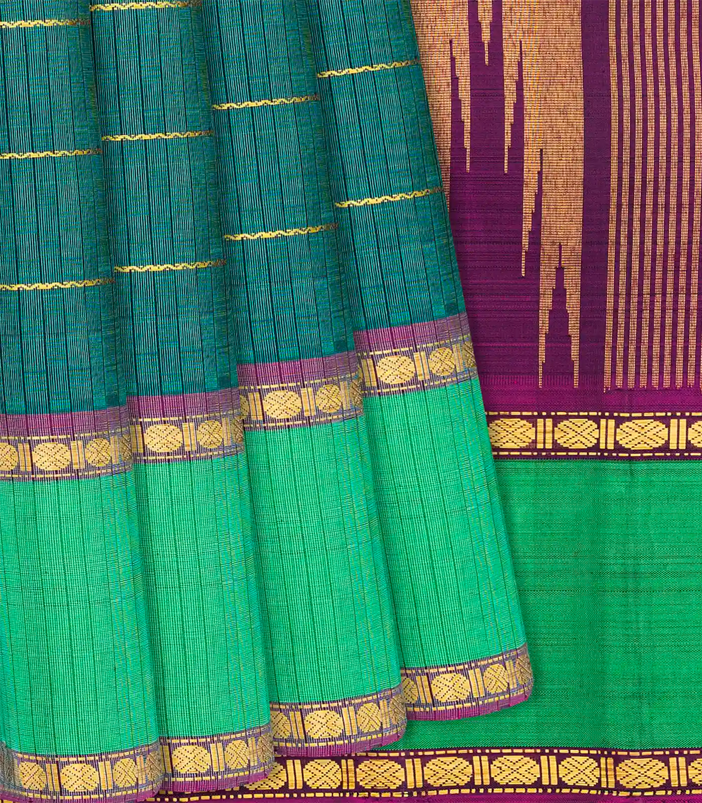 Sea Green Handloom Kanchipuram Payadi Silk Saree With Checks-Sea Green