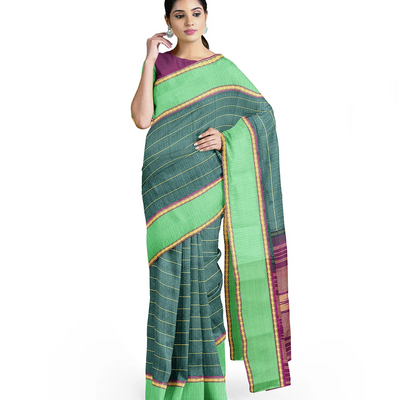 Sea Green Handloom Kanchipuram Payadi Silk Saree With Checks-Sea Green