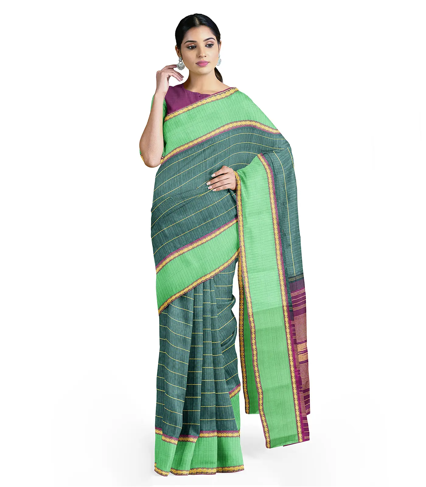 Sea Green Handloom Kanchipuram Payadi Silk Saree With Checks-Sea Green