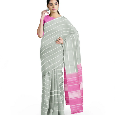 Shadow Green Handloom Kanchipuram Silk Saree With Stripes-Shadow Green