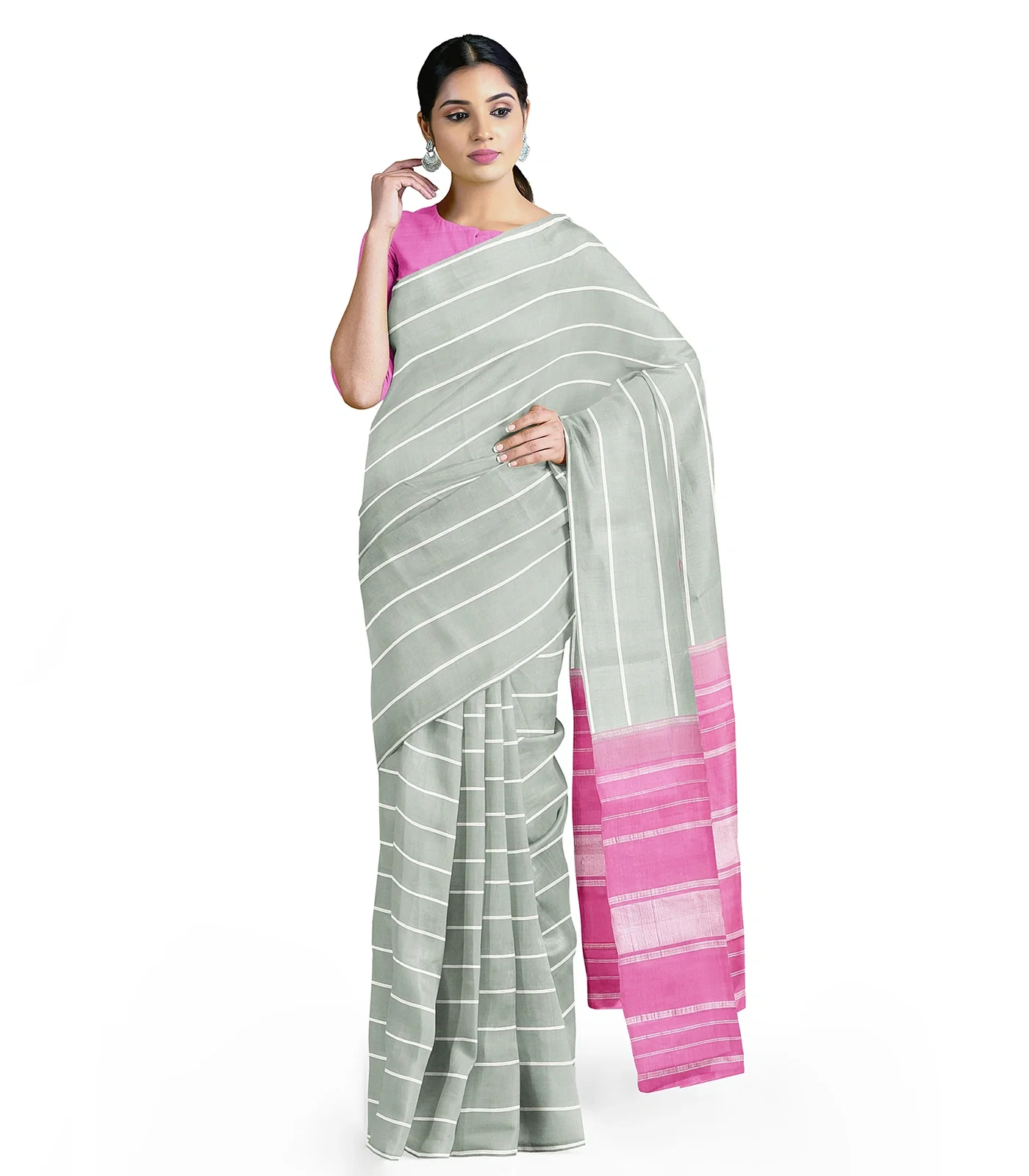 Shadow Green Handloom Kanchipuram Silk Saree With Stripes-Shadow Green
