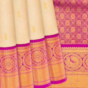 Cream Handloom Kanchipuram Korvai Silk Saree With Floral Buttas-Cream