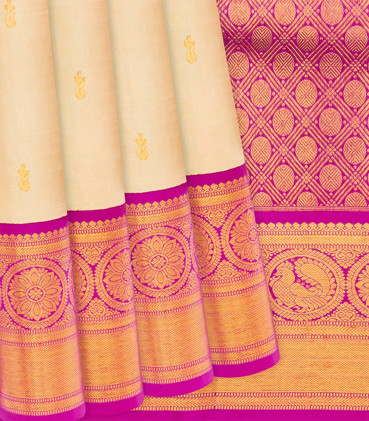 Cream Handloom Kanchipuram Korvai Silk Saree With Floral Buttas-Cream