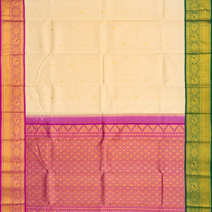 Cream Handloom Kanchipuram Korvai Silk Saree With Floral Buttas-Cream