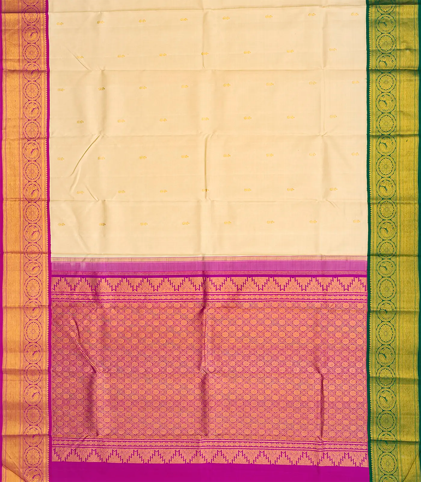 Cream Handloom Kanchipuram Korvai Silk Saree With Floral Buttas-Cream