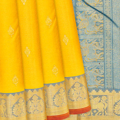 Yellow Handloom Kanchipuram Silk Saree With Floral Motifs-Yellow