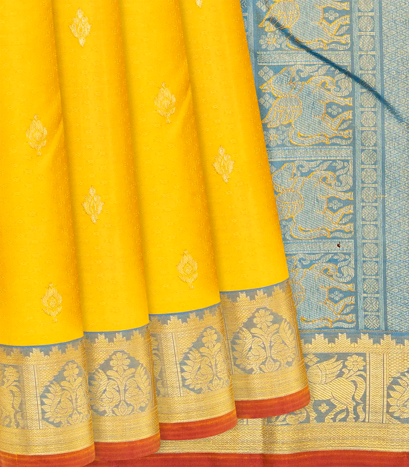 Yellow Handloom Kanchipuram Silk Saree With Floral Motifs-Yellow