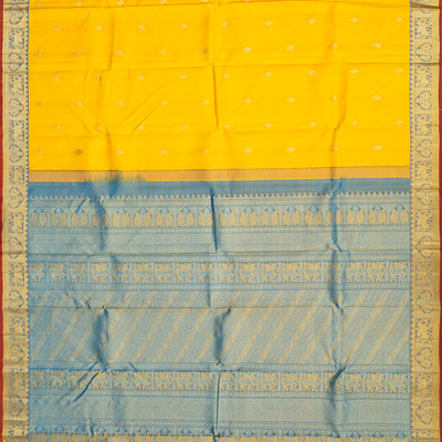 Yellow Handloom Kanchipuram Silk Saree With Floral Motifs-Yellow