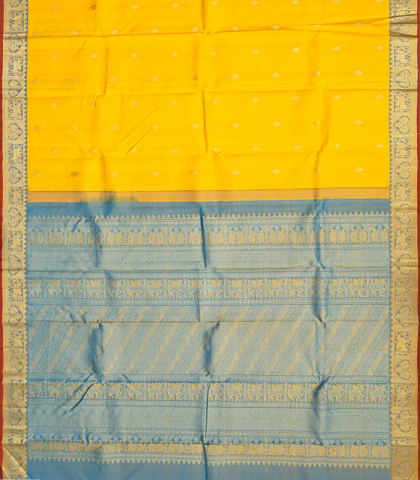 Yellow Handloom Kanchipuram Silk Saree With Floral Motifs-Yellow