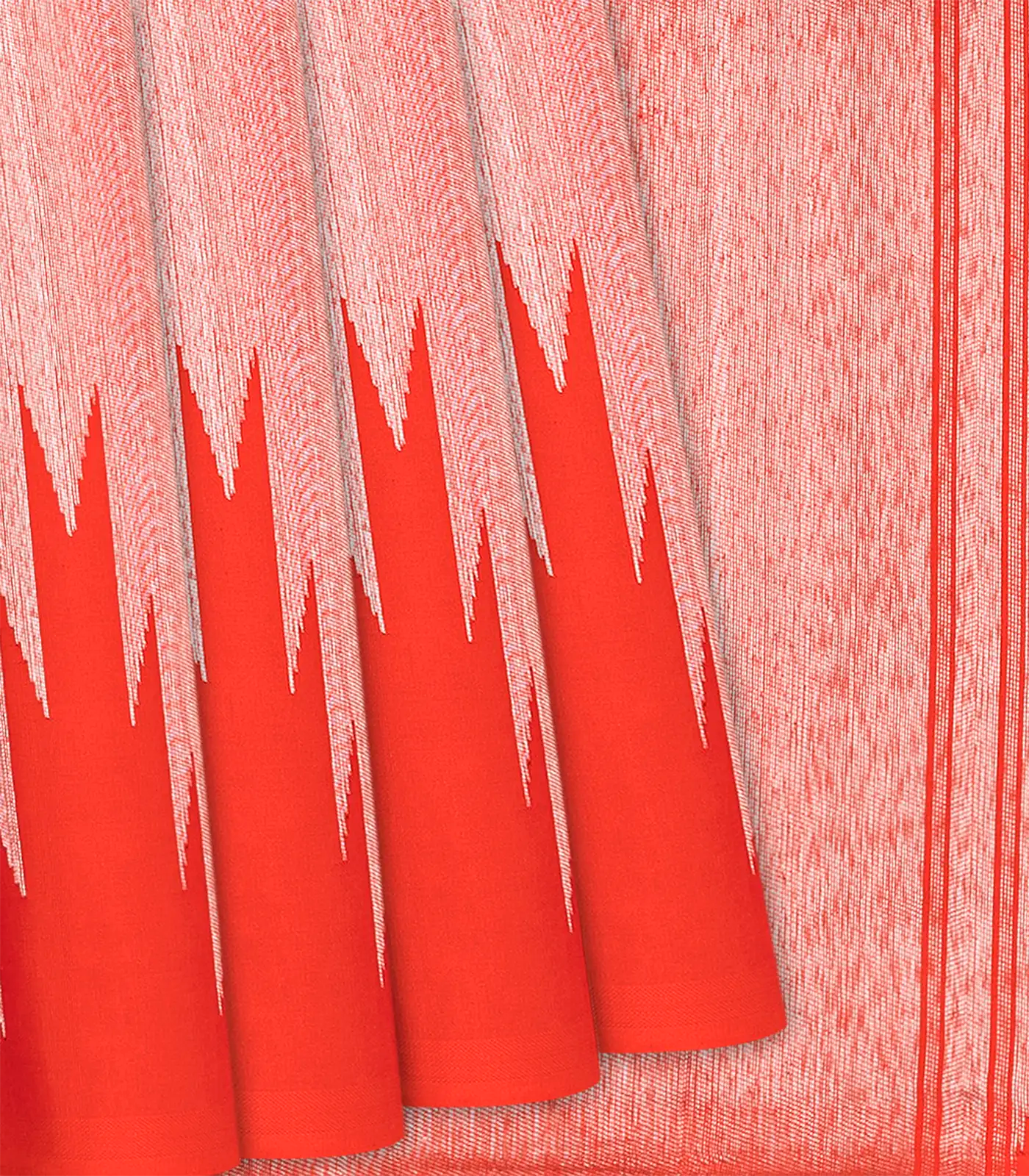 Red Handloom Kanchipuram Korvai Silk Saree With Temple Border-Red