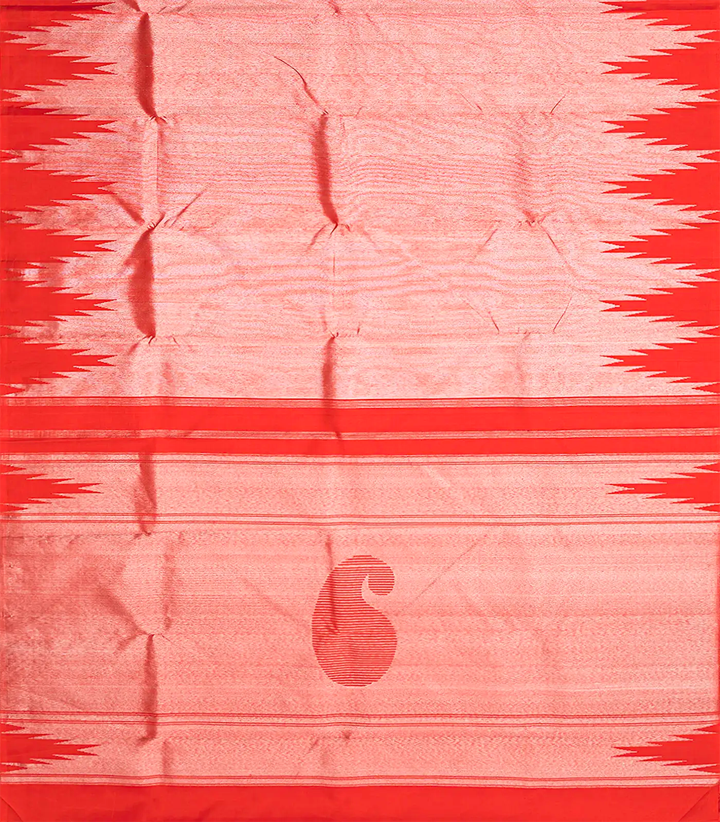 Red Handloom Kanchipuram Korvai Silk Saree With Temple Border-Red